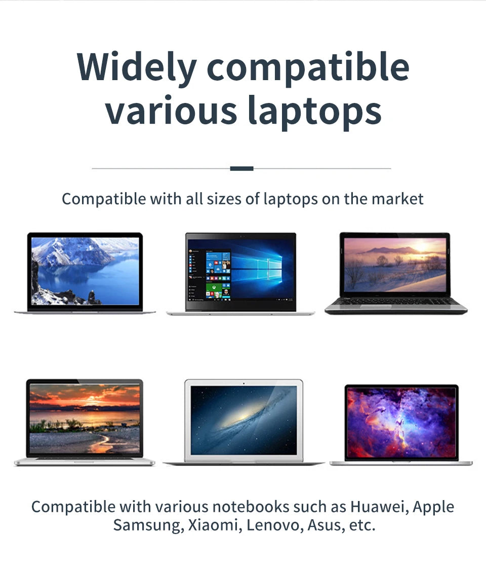 A graphic shows six diverse laptops, stating Widely compatible various laptops. Below, it reads Fits all laptop sizes, including Huawei, Apple, and Samsung. The Adjustable Aluminum Laptop Stand enhances ergonomic comfort with its folding design.