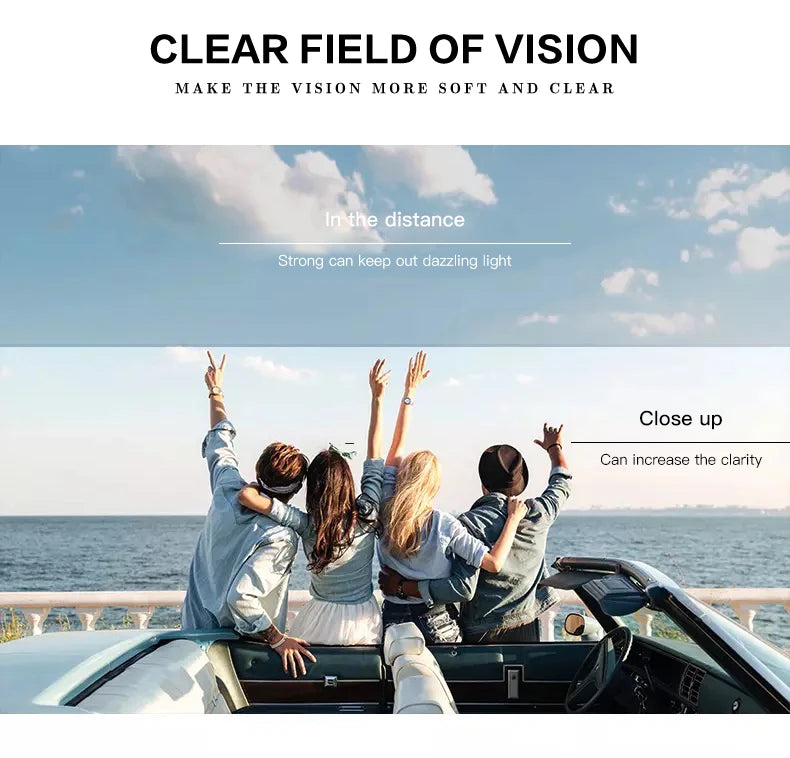 In a convertible, four people joyfully raise their arms toward the ocean under a clear sky. The MOKDUFF Polarized Sunglasses offer UV400 Protection to block dazzling light and enhance clarity while fitting comfortably over glasses.