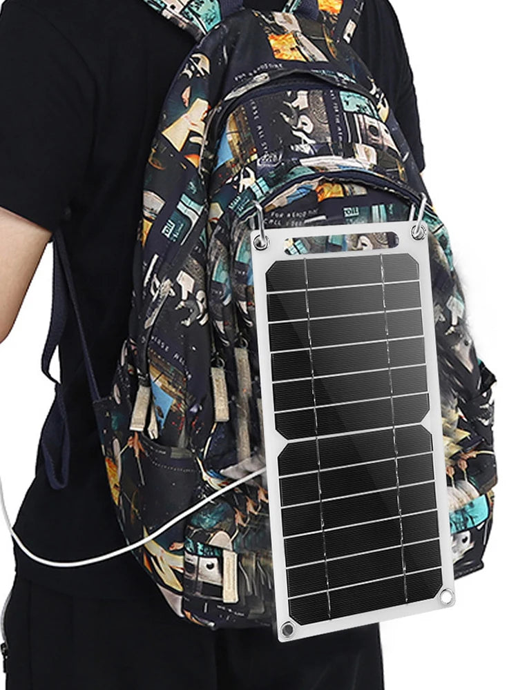 A person carries the EESBAO 35W Solar Panel Portable USB Charger backpack, perfect for outdoor camping. A white cable smoothly connects the solar panel to the bag against a plain white backdrop.