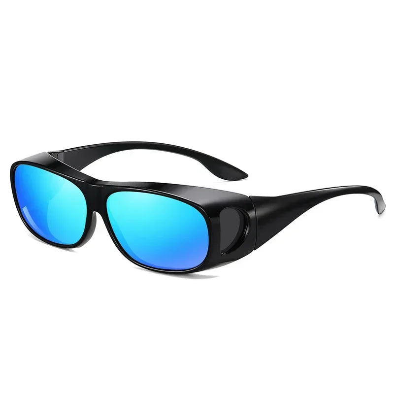 MOKDUFF Polarized Sunglasses boast bold black design, large blue mirrored lenses, thick frames with side panels, and contoured temples. They offer UV400 protection, combining style and top-notch safety while comfortably fitting over glasses.