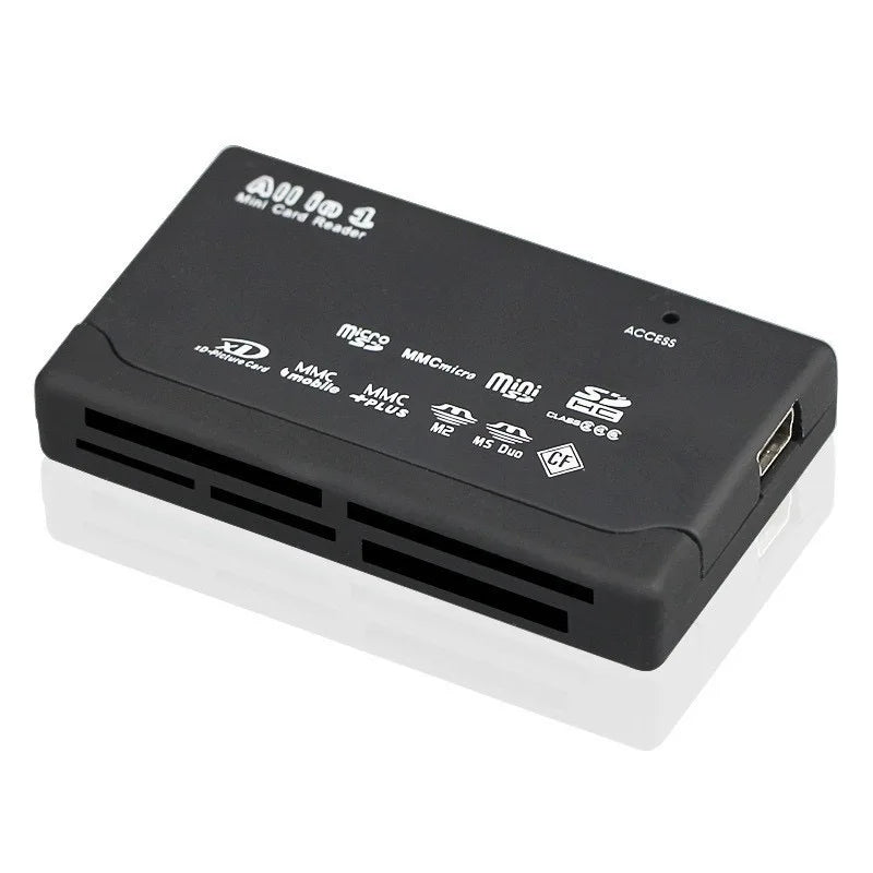 The USB 2.0 Mini Memory Card Reader supports SD, MMC, and CF formats in black, designed for high-speed data transfer with logos on top and a side USB port.