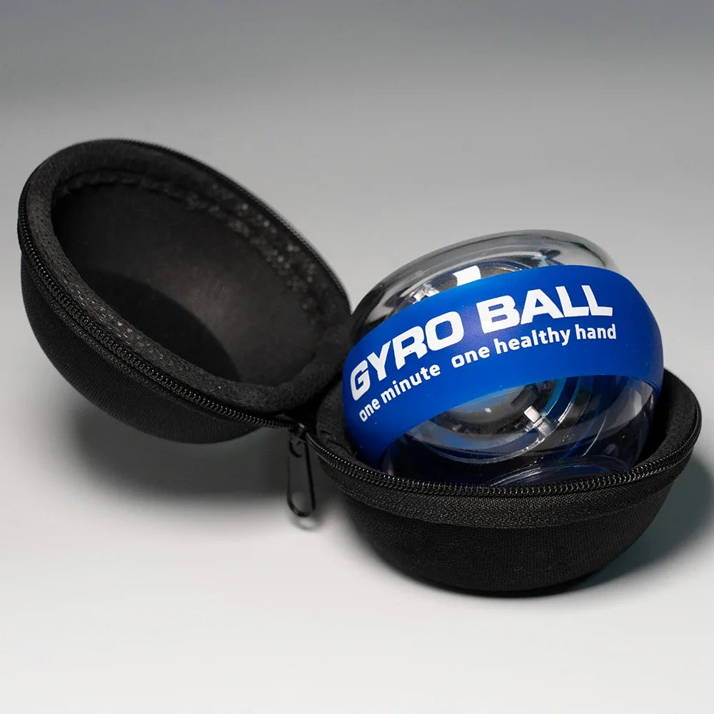 The LED Gyro Wrist Force Handball: Automatic Power features a blue band with GYRO BALL and emits LED lights for better visibility. Perfect for strength training, it comes in a stylish black, round zippered case, and stands out against a plain light background.