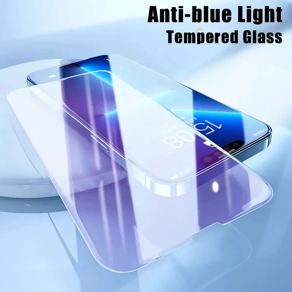 A smartphone displays the YKSPACE 2Pcs Anti Blue-Ray Tempered Glass Screen Protector with Eye Care Technology, protecting the blue-lit screen. The text reads “Anti-blue Light Tempered Glass.”.