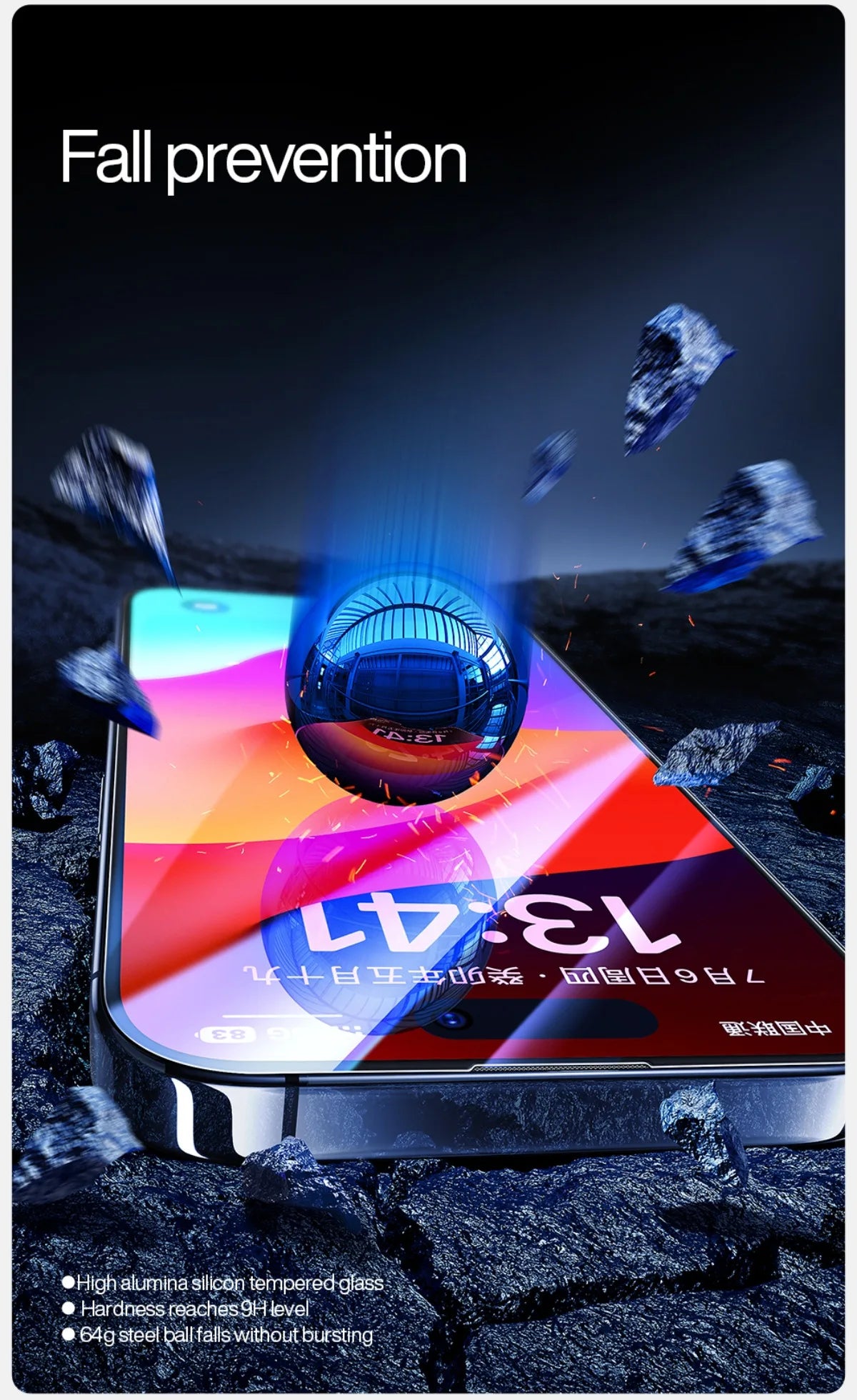 An image shows a smartphone screen withstanding the impact of a falling metal ball, surrounded by debris indicating high force. The text highlights fall prevention and 9H hardness thanks to high alumina silicon tempered glass. Perfect for iPhone 16 Pro Max with the SmartDevil Tempered Glass Screen Protector.