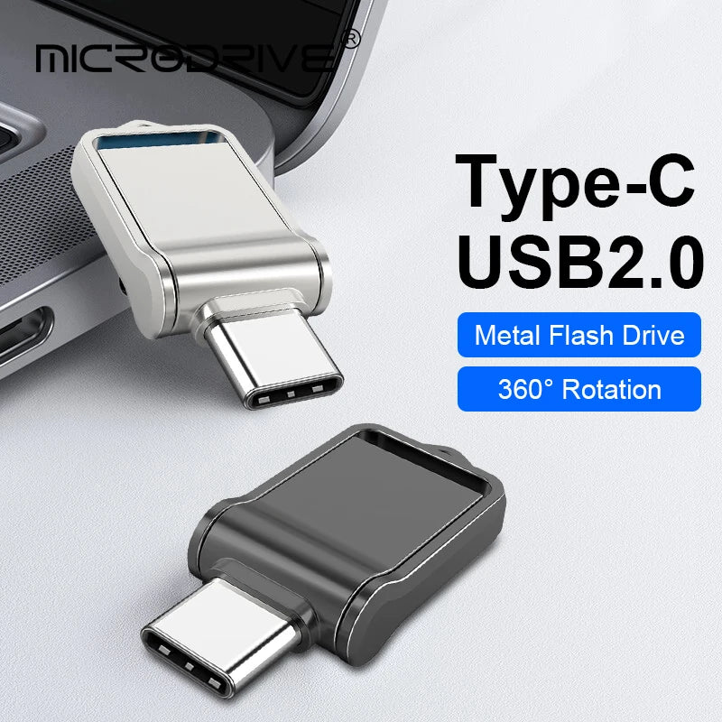 A silver USB Type-C flash drive is plugged into a laptop, and a black MicroDrive Mini USB 2.0 Flash Drive rests on a white surface. Text reads “Type-C USB2.0 Metal Flash Drive 360° Rotation.” Perfect for compact data storage with 64GB & 32GB options.