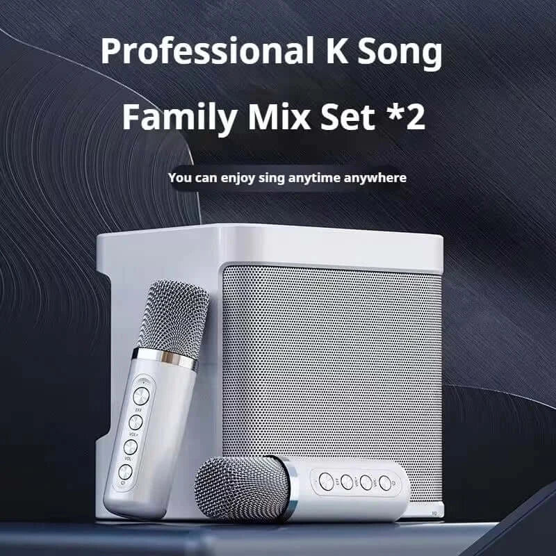 Image of a Portable Dual Microphone Bluetooth Karaoke Machine for Parties with a sleek speaker and two wireless microphones on a dark background. Text reads, You can enjoy singing anytime, anywhere with its innovative Bluetooth karaoke capabilities.