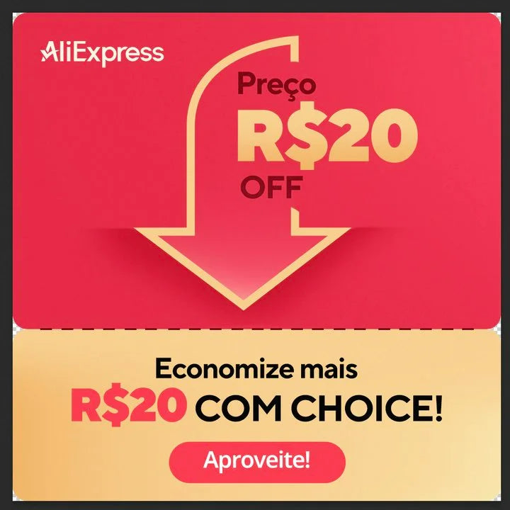 A red and yellow AliExpress ad in Portuguese offers R$20 off via the Choice program. A large arrow highlights deals on products like the USB 2.0 Mini Memory Card Reader With Multi-Card Support. Click the red Aproveite! button to save even more.
