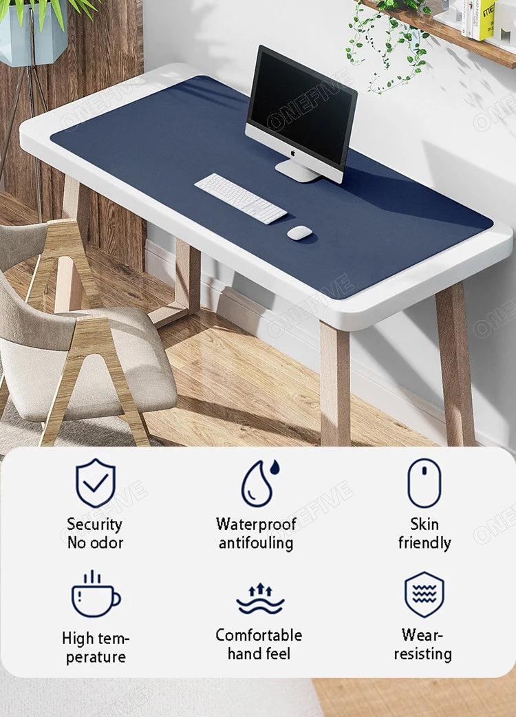 The AIPHY Large PU Leather Mouse Pad is a stylish waterproof mat in dark blue, perfect for a modern desk. It features icons highlighting security with no odor, skin-friendly material, high-temperature resistance, comfort, and wear-resistance.