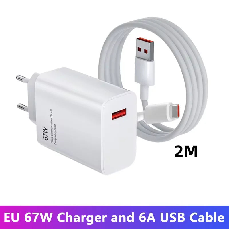 Discover the 67W GaN USB Charger with Quick Charge 3.0, featuring a European plug. It includes a 2-meter, 6A USB cable with a stylish red-accented USB-A plug for swift and efficient charging.