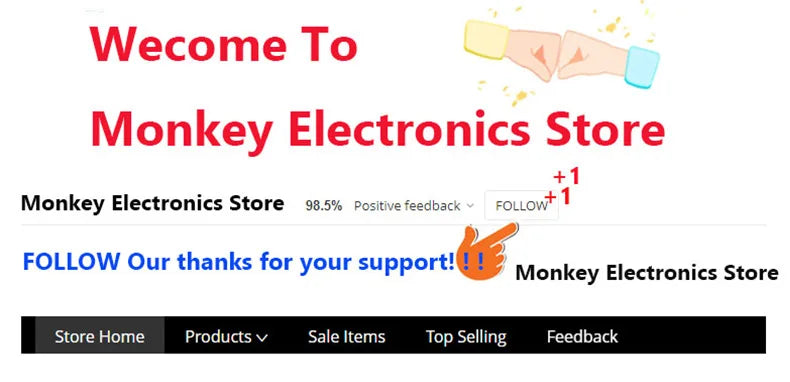 Banner for Monkey Electronics Store with a 98.5% positive feedback rating. Explore our DIY Mobile Repairs and exclusive NoEnName_Null 6-in-1 Component Kit. Click Follow with the hand icon, and thanks for your support! Navigate links: Home, Products, Top Selling.