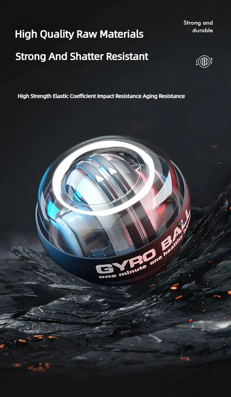 A promo image of the Gyroball Powerball Forearm Muscle Fitness Equipment highlights features: high-quality raw materials, strong and shatter-resistant, high-strength elastic coefficient for impact and aging resistance. Perfect as a wrist power and hand dexterity enhancer on a textured surface.