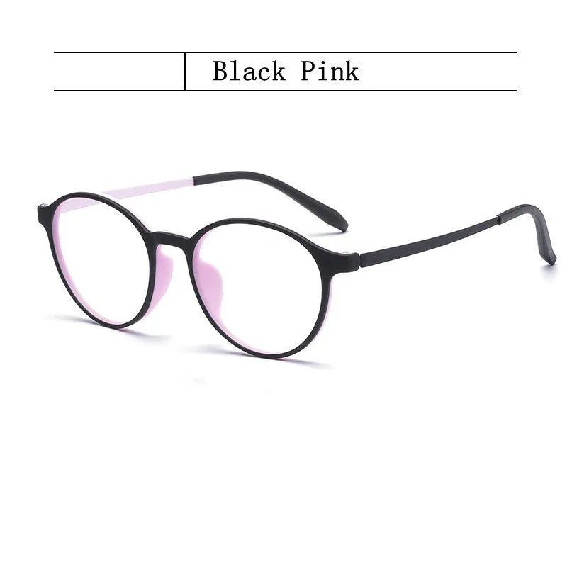 OUTMIX Pure Titanium Anti Blue Light Reading Glasses feature round black frames with light pink-tinted lenses, shown on a white background. Enjoy stylish protection and comfort while reading, thanks to their advanced blue light filtering technology.