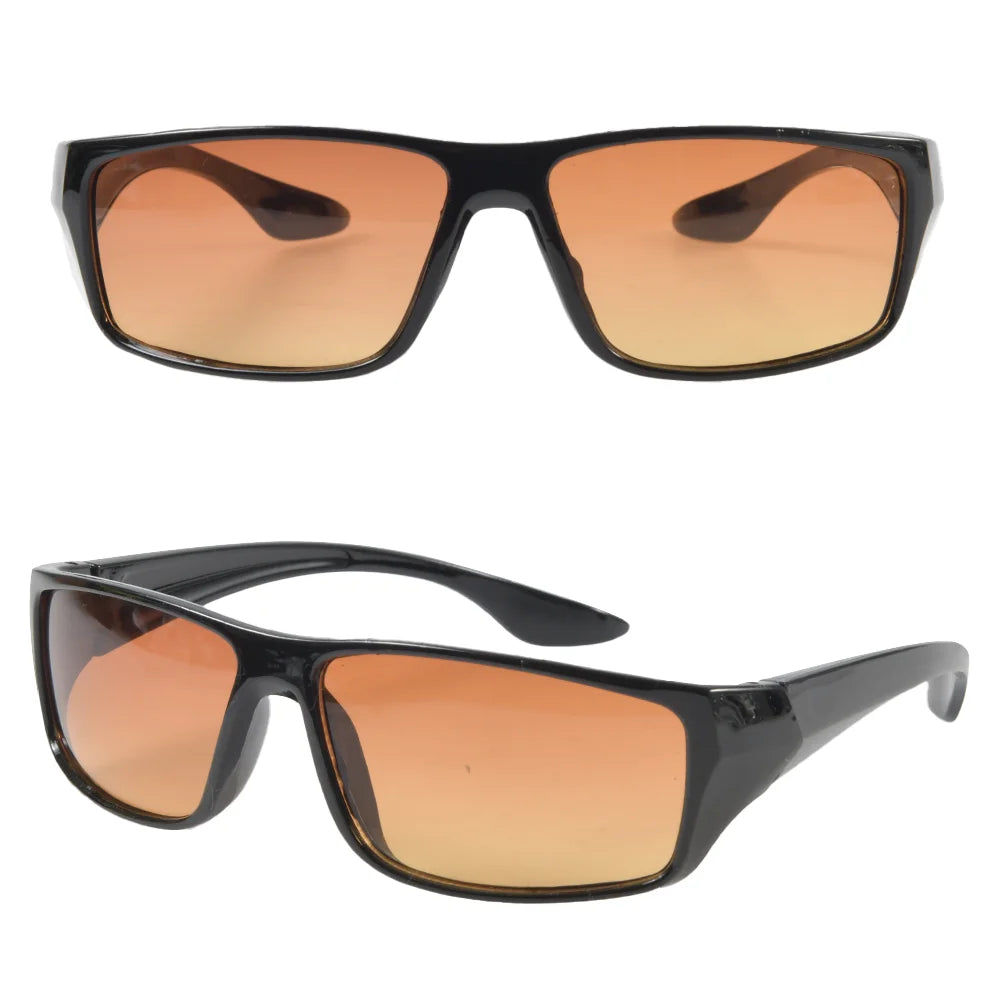 Anti-Glare Night Vision Goggles feature black rectangular frames and gradient orange lenses with UV400 protection. Shown from front and side angles.