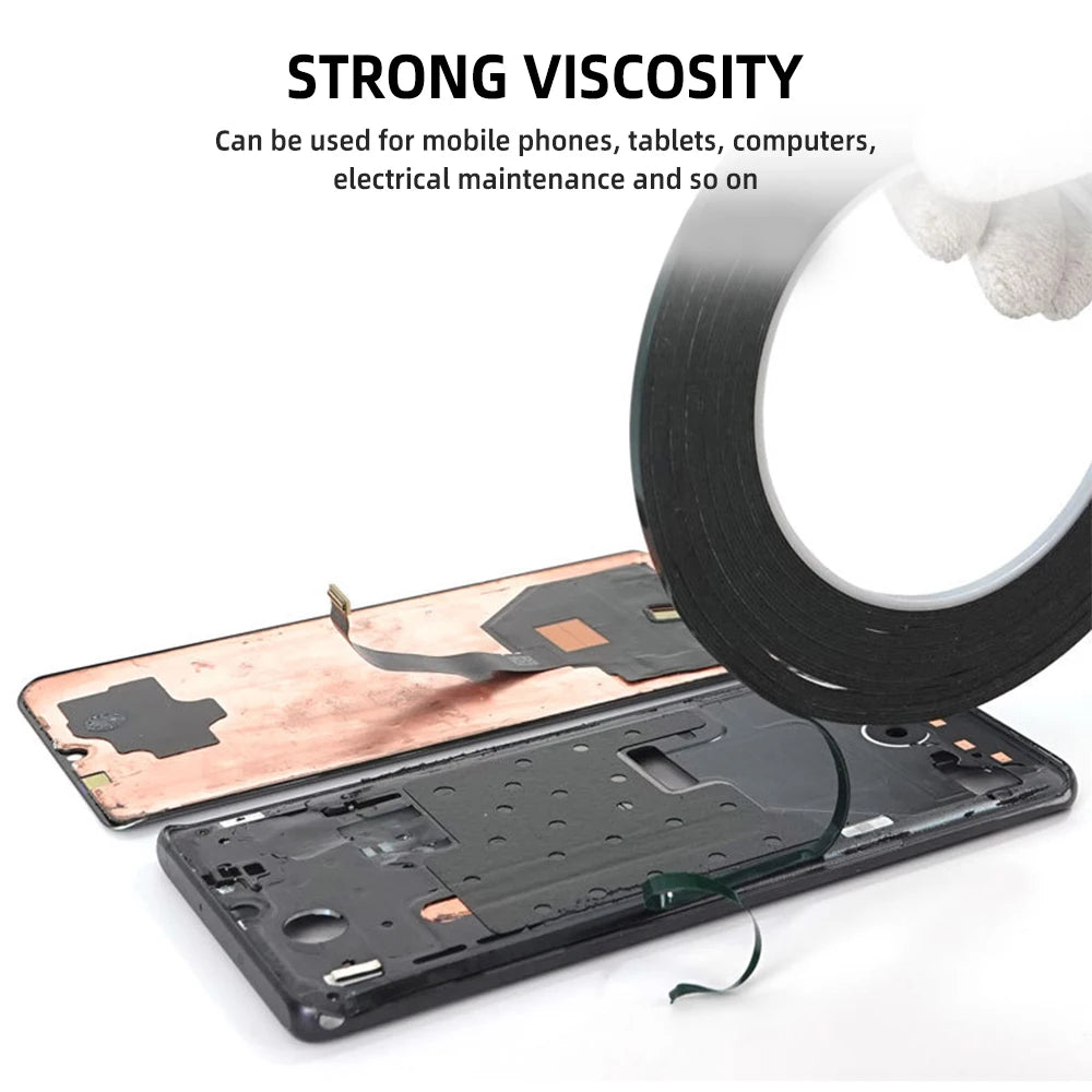A WELIBA Adhesive Tape for Mobile Repair - High Strength is applied to disassembled electronics, such as smartphones. The label Strong Viscosity emphasizes its robustness and versatility for repairing phones, computers, and other devices.