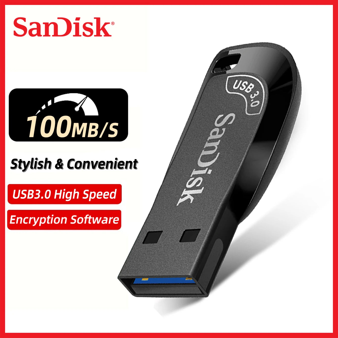 Image of SanDisk USB 3.0 Flash Drive - High-Speed Compact Storage with high-speed data transfer at 100MB/s. Features Stylish & Convenient, USB 3.0 High Speed, and encryption software. Its sleek, durable design shines against a white background.