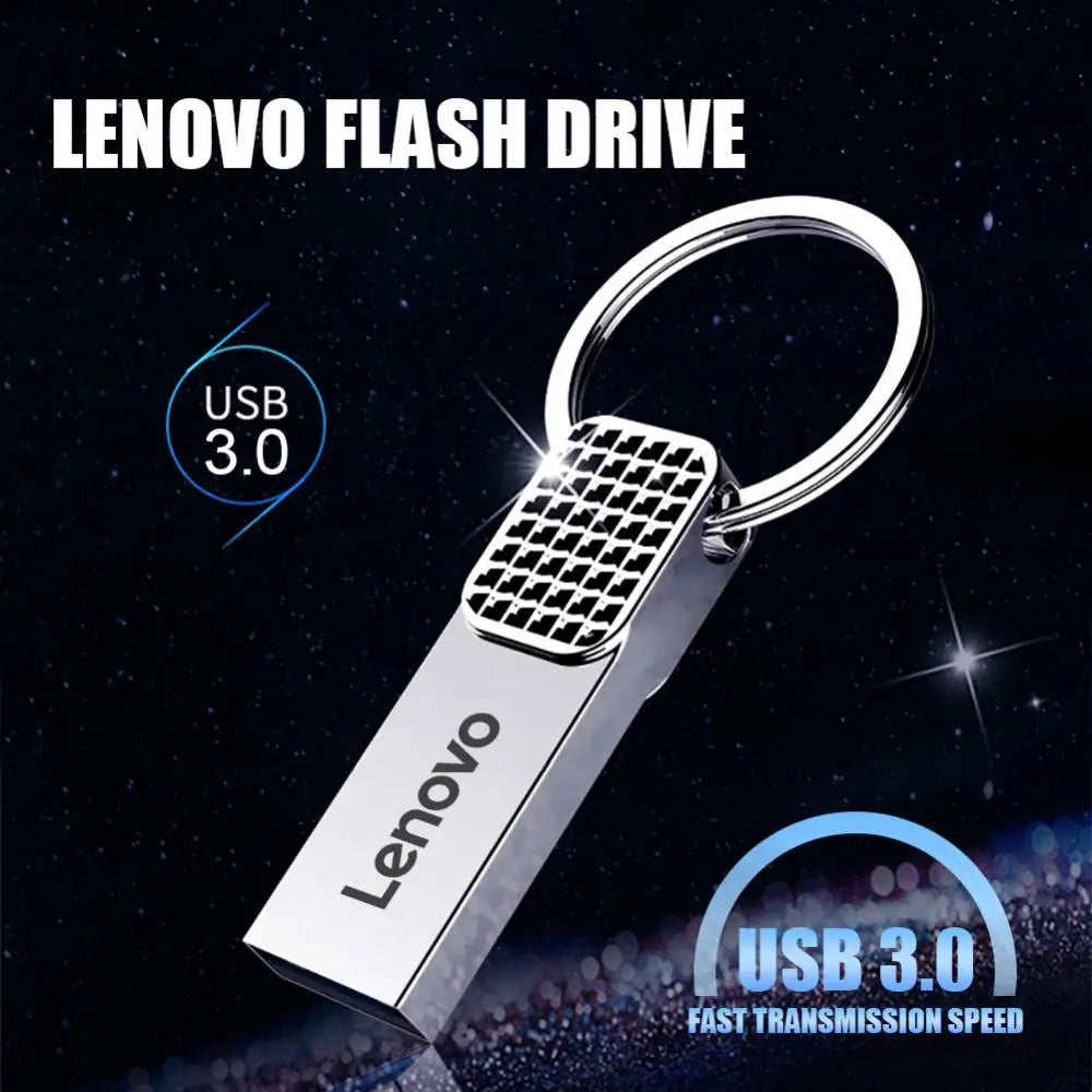 Set against a dark, starry backdrop, the Lenovo 2TB USB 3.0 OTG Pen Drive features sleek metal casing and keyring, highlighted by the phrase FAST TRANSMISSION SPEED in a circular design, emphasizing its ideal use for rapid data transfer.