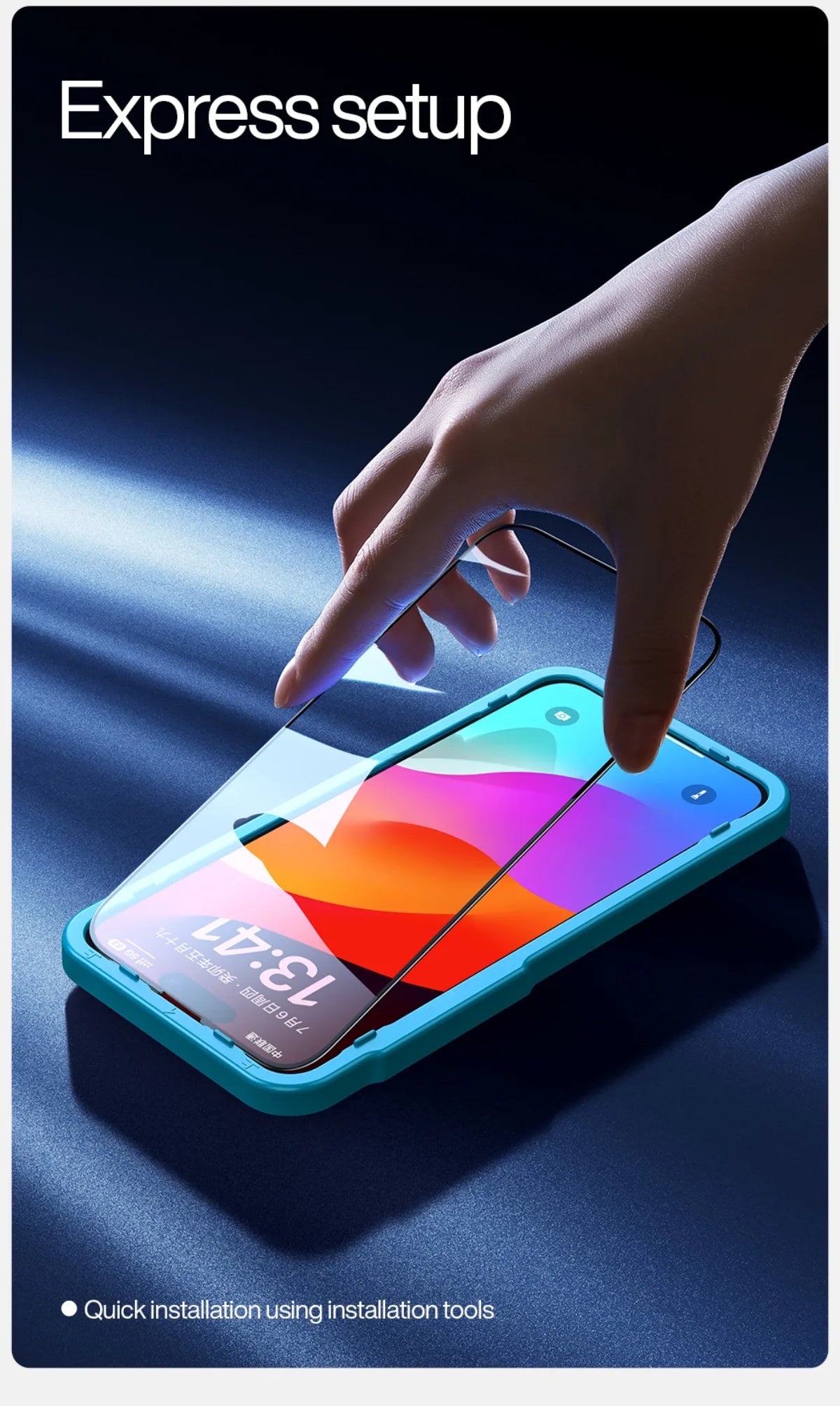 A hand expertly applies a SmartDevil Tempered Glass Screen Protector on an iPhone 16 Pro Max with a blue case, displaying vibrant wallpaper and the time 13:47. The Express setup note highlights quick installation and advanced anti-blue light tech for optimal eye comfort.