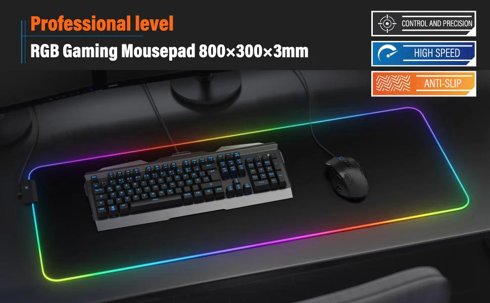 The Ziyoulang Large Mouse Pad 800x300mm enhances your desk setup with vibrant RGB lighting, providing a stable, anti-slip surface for keyboard and mouse use. Its stitched edges ensure durability and professional-level control with high-speed performance.