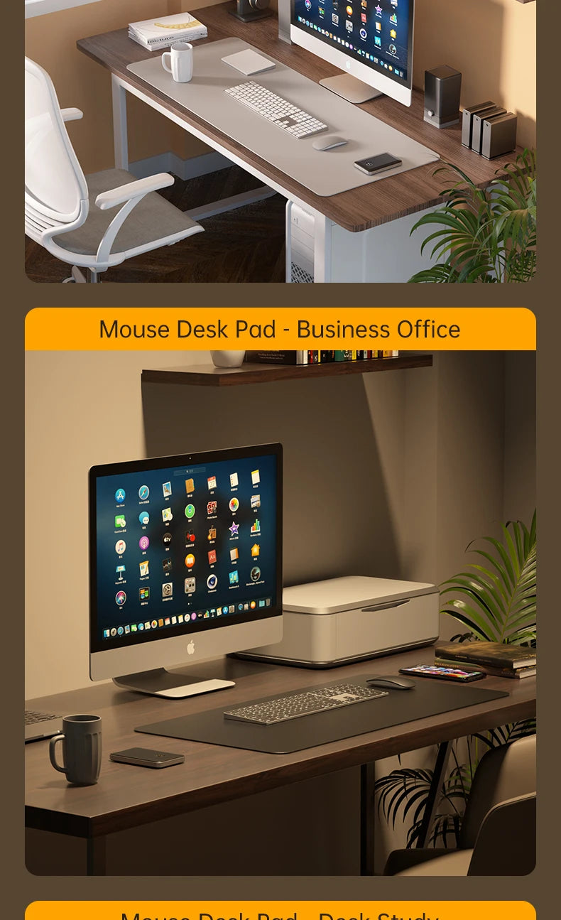 Two images of office setups: The top image shows a desk with a computer, keyboard, lamp, and plant on the Xummen Large Mouse Pad - Waterproof PU Gaming Desk Mat. The bottom image features a similar desk with a computer, printer, plant, and the same mouse pad. Both areas boast sleek, modern design.