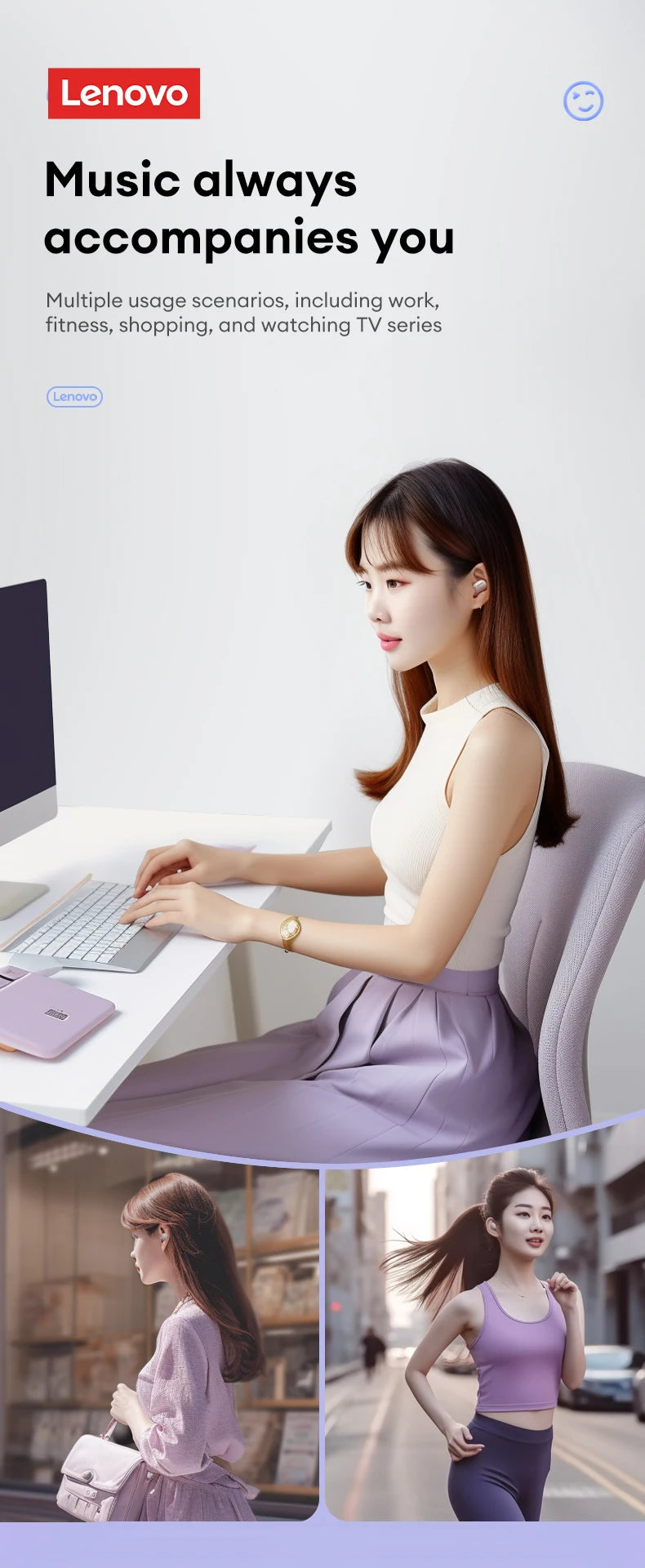 A woman uses her Lenovo XT62 Bluetooth Earphones to sync her laptop, phone, and tablet at a desk. Images show her practicing yoga and jogging with the caption, Music always accompanies you, highlighting its HiFi Sport Noise Canceling capabilities for diverse activities.