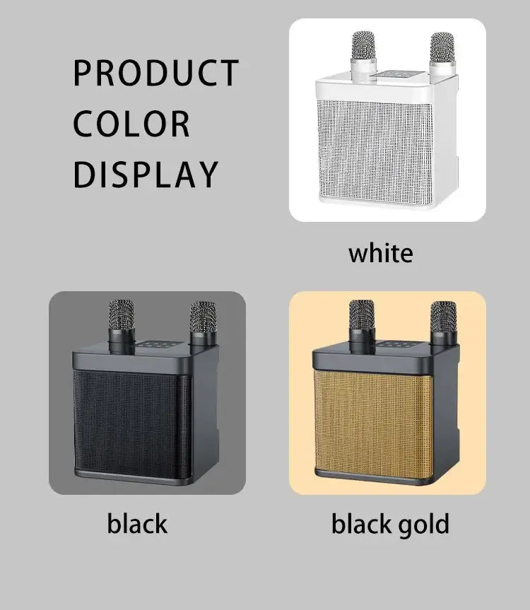 Three Portable Dual Microphone Bluetooth Karaoke Machines with speakers in vibrant colors are shown on a gray background. Available in white, black, and black gold. The text on the left reads PRODUCT COLOR DISPLAY, adding style to your karaoke machine setup.