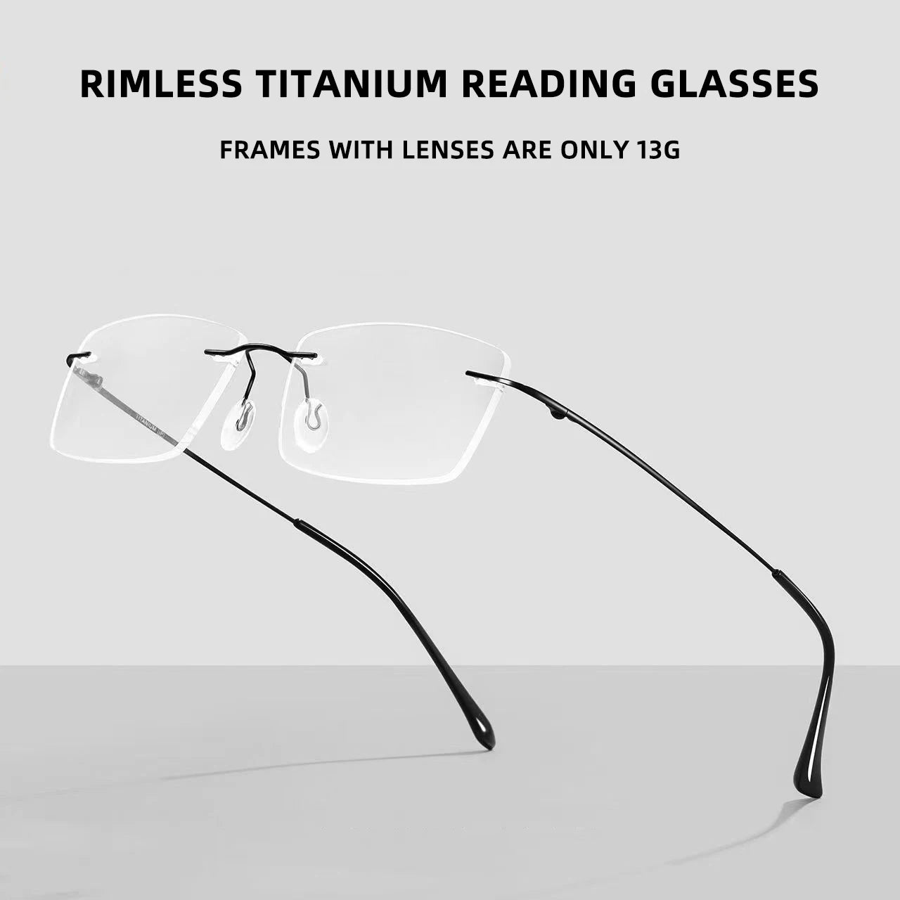 YINSQER Titanium Rimless Reading Glasses - Blue Light Blocking, only 13g, feature thin black arms and scratch-resistant lenses for durability on a gray background.