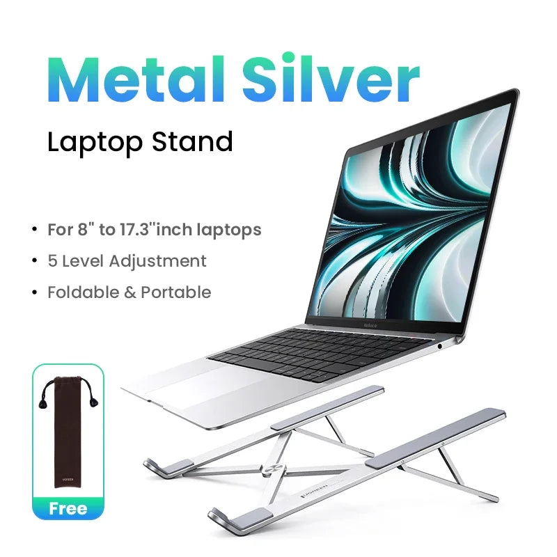 The UGREEN Laptop Stand holds open laptops from 8 to 17.3, features an ergonomic design with 5 adjustable height levels, and is easily portable. It includes a complementary black drawstring carrying pouch.