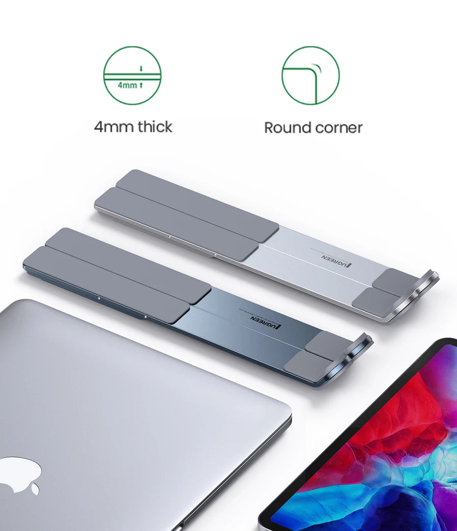 Two UGREEN Laptop Stands, foldable and ergonomic with sleek aluminum design, are pictured next to a colorful laptop and tablet. The text highlights their 4mm thickness, round corners, compact design, and adjustable height settings.