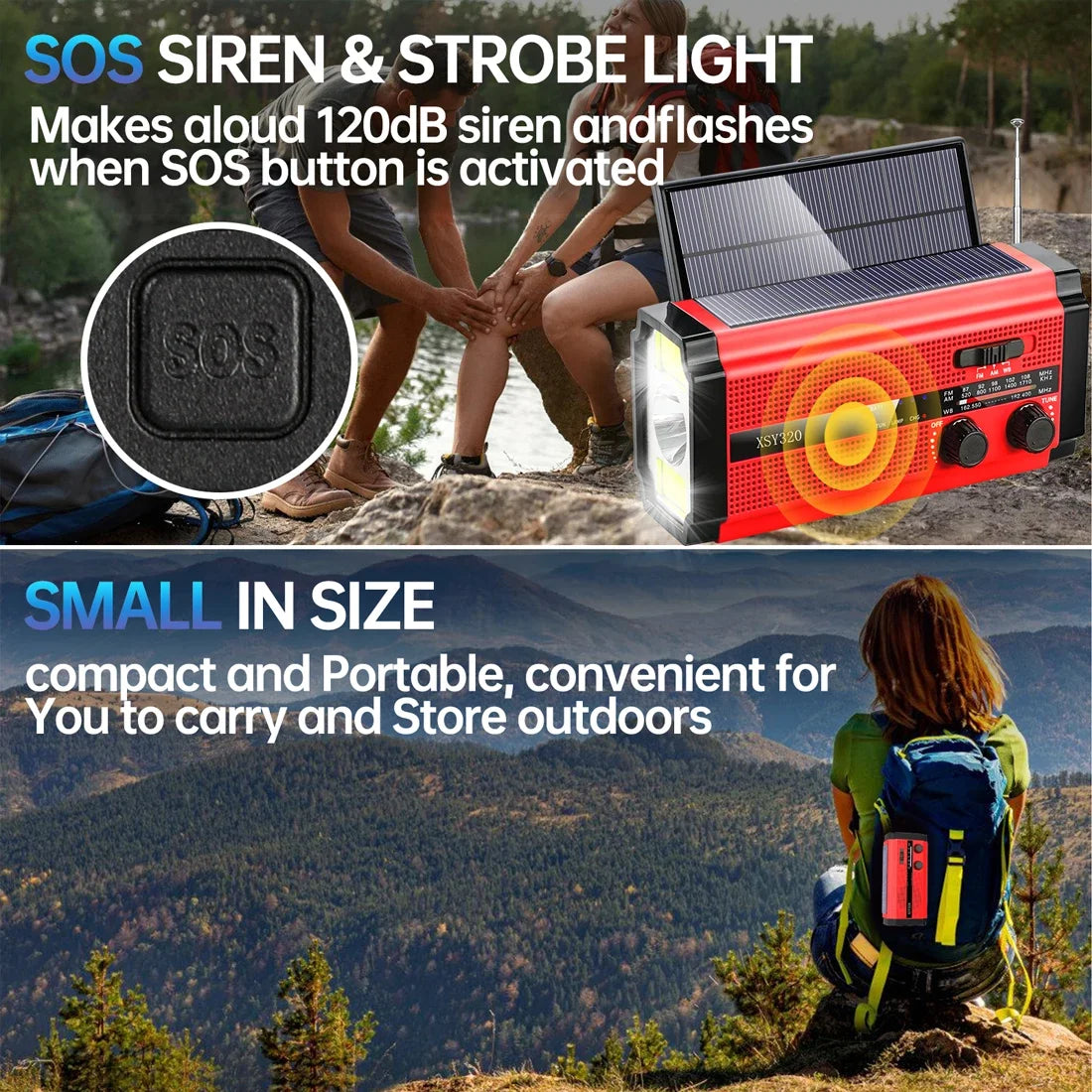 An image collage showcases the Woopker 5000mAh Emergency Radio. It features an SOS siren, strobe light, and solar hand crank. The top notes highlight the siren and LED flashlight, while below, a person on a rock exemplifies its compactness, easily carried in a backpack.