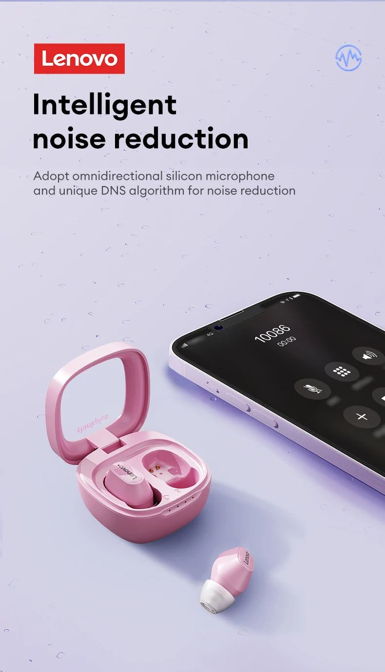 The Lenovo XT62 Bluetooth Earphones in pink, featuring HiFi sport noise canceling and Bluetooth V5.3, display the Lenovo logo proudly. The case sits open with earbuds inside and a single earbud on the surface, near a phone showing a call screen.