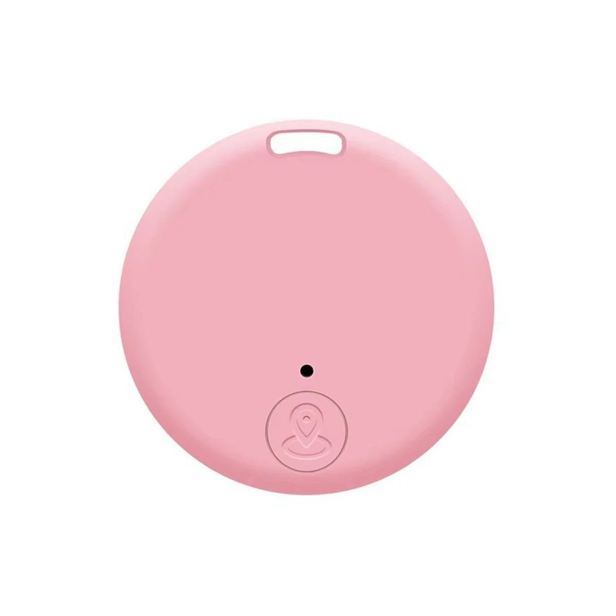 The Mini Bluetooth GPS Tracker - Smart Locator for Pets & Kids is round, pink, with a small hole at the top for easy attachment and an embossed logo at the bottom. It provides real-time location tracking.