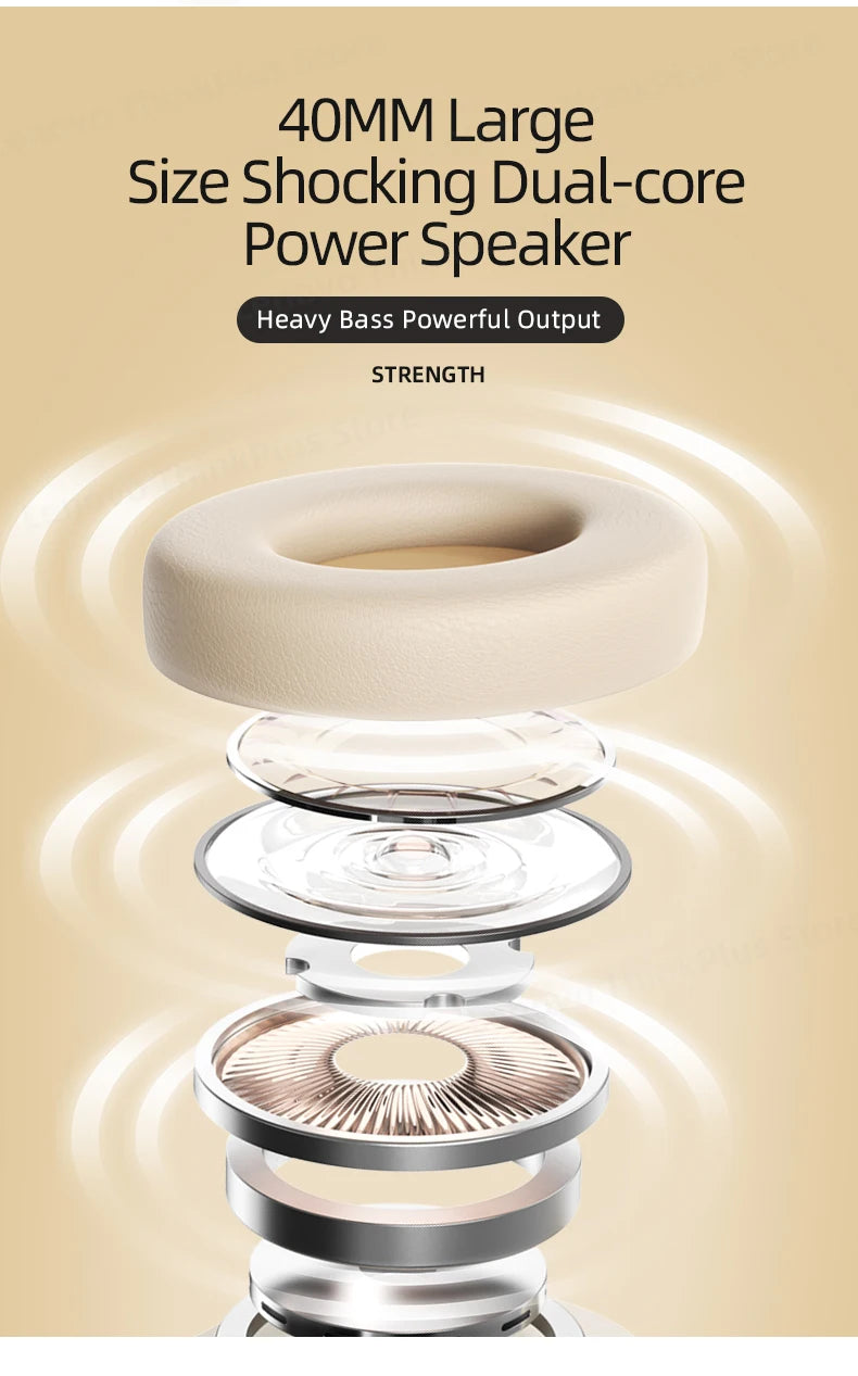 This illustration showcases the Lenovo TH30 Wireless Headphones, featuring an exploded view of a 40mm dual-core speaker. The design reveals its beige and metallic components, highlighting the powerful output, heavy bass, and high-fidelity sound.