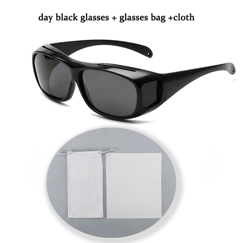 NoEnName Night Vision Glasses - Anti-Glare Driving features black frames with dark lenses, displayed with a white drawstring bag and cleaning cloth. Ideal for stylish and comfortable driving!.
