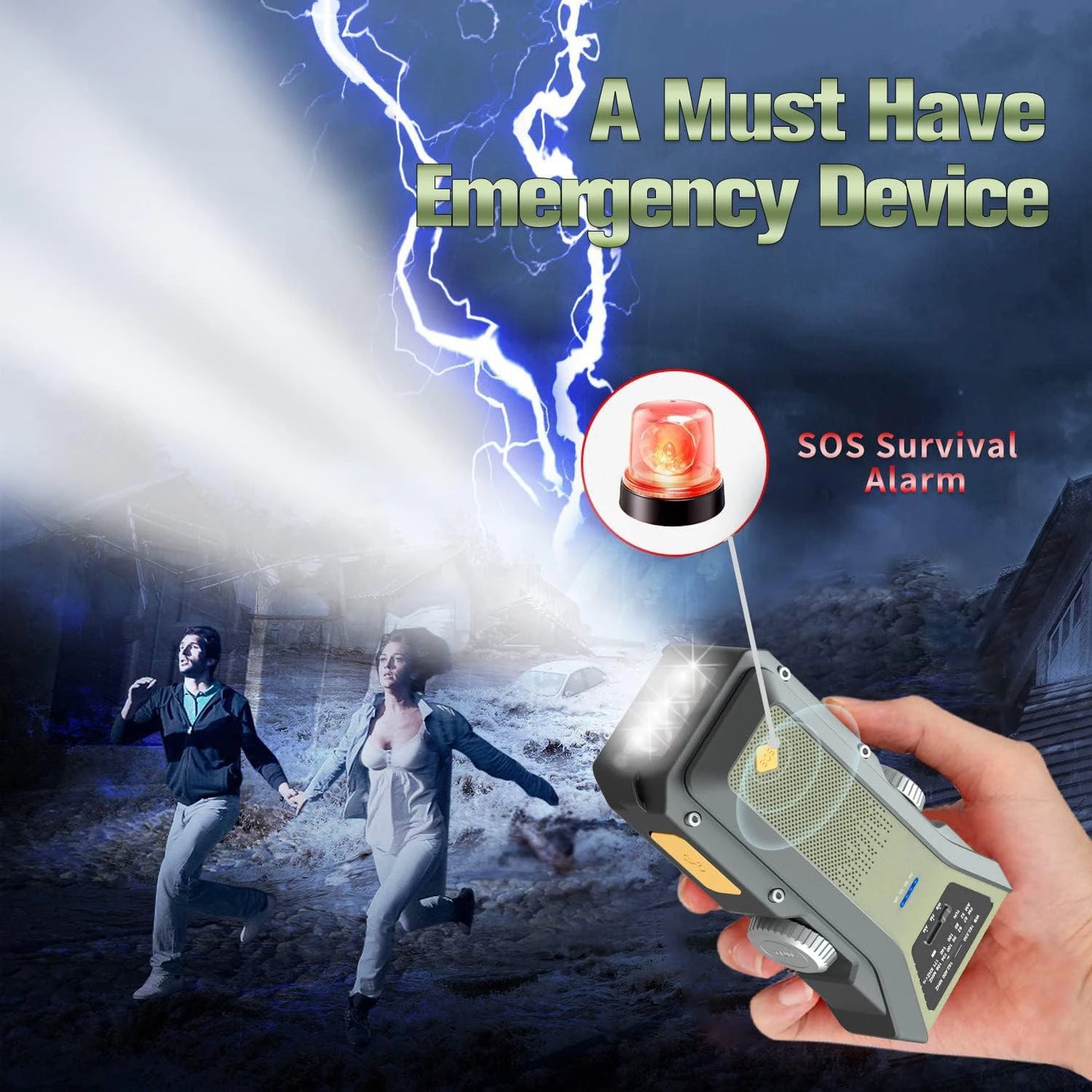 In a promotional image, a hand holds the Daykit Solar-Powered Emergency Weather Radio emitting light beams. Two people are fleeing from a stormy scene with lightning in the background. Text reads A Must Have Solar-Powered Emergency Device, highlighting an “SOS Survival Alarm.”.