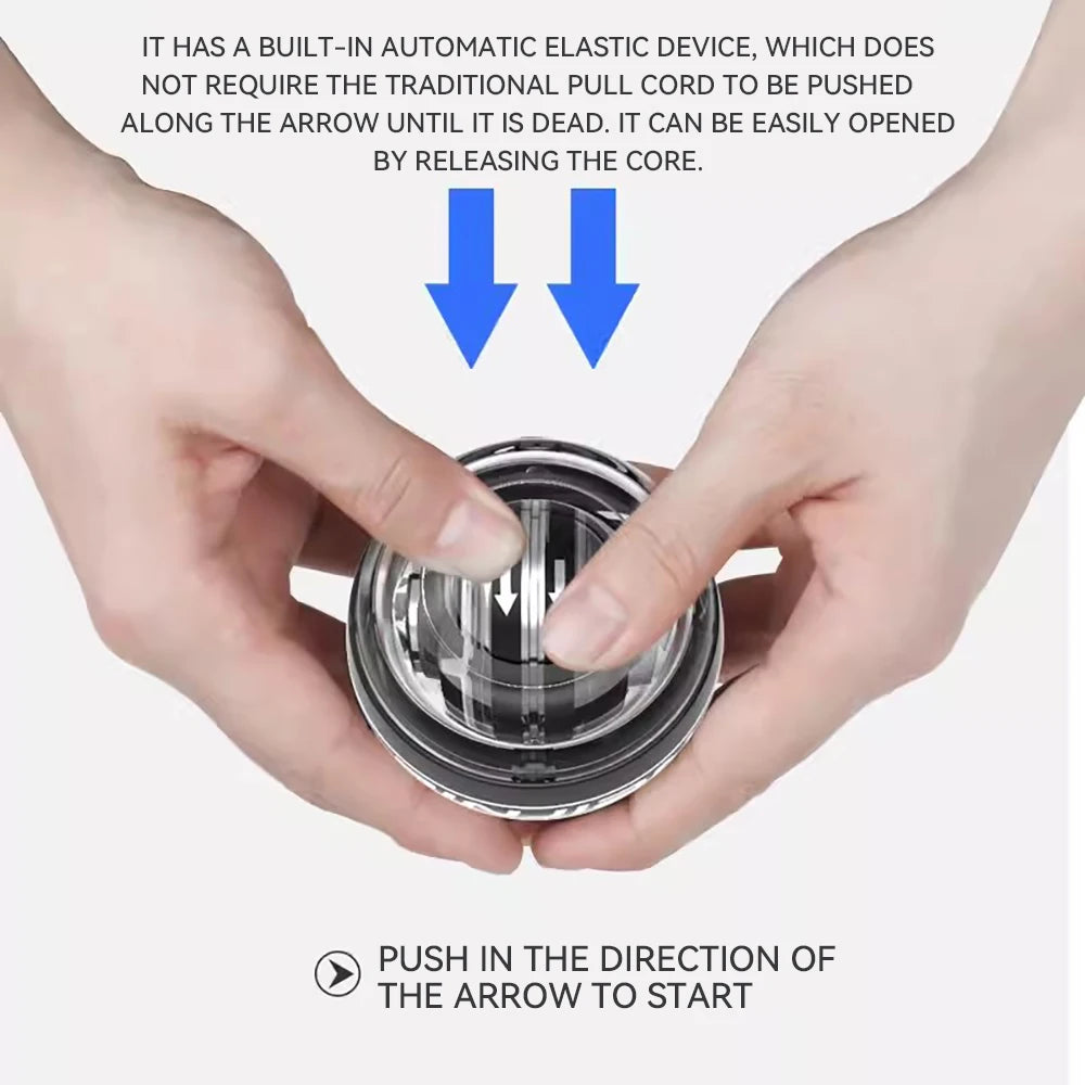 Close-up of hands holding the Wrist Trainer Self-starting Gyro Ball for Strength. Blue arrows show the direction to push the core, automatically adjusting intensity for an elastic wrist workout as explained in accompanying instructions. Internal mechanisms are visible in the gyro ball device.