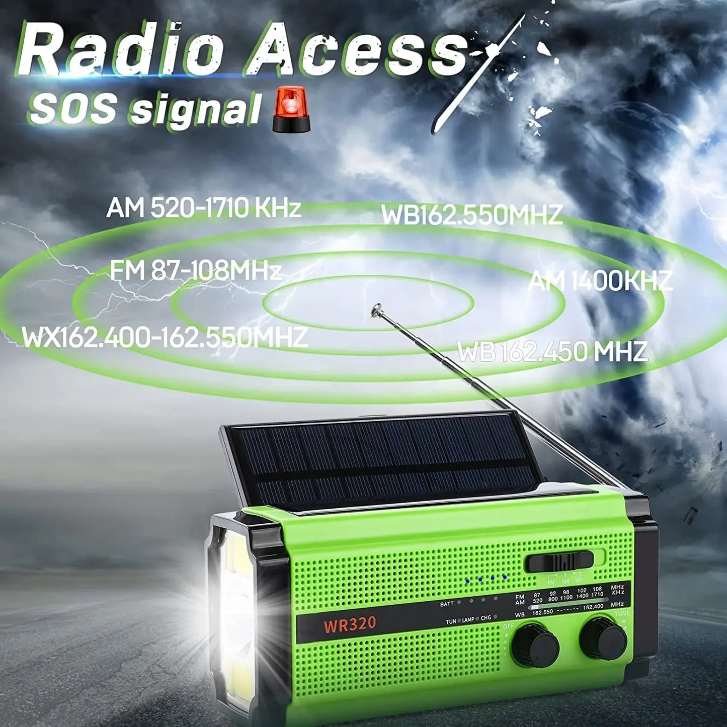 The Woopker 5000mAh Emergency Radio, solar-powered with a hand crank, is shown against a stormy sky. It covers AM, FM, and WB frequencies and features an LED flashlight, radio access, and an SOS signal on top.