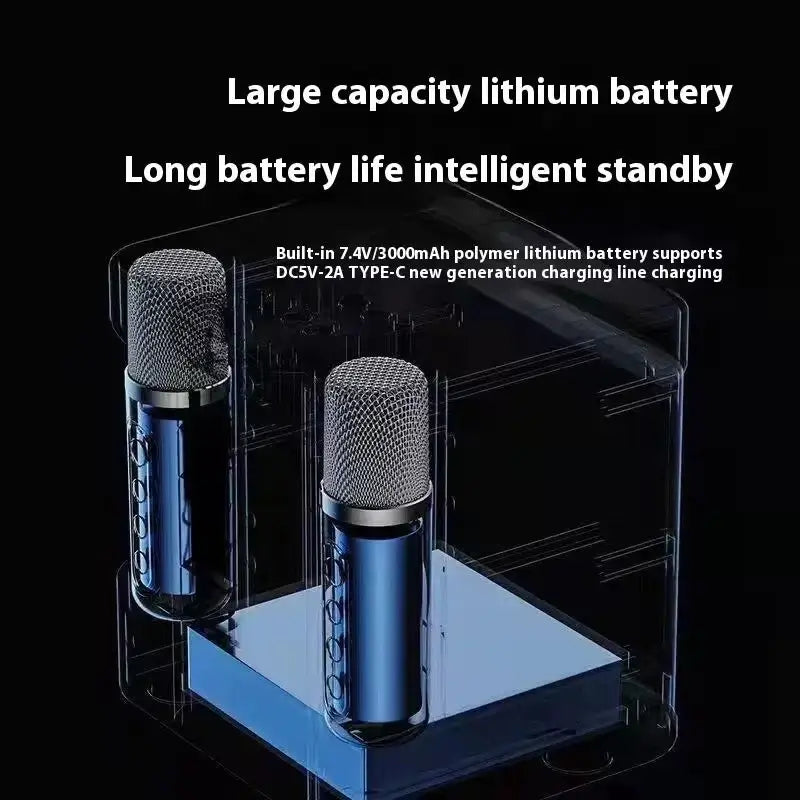 Inside a transparent acrylic case are two metallic microphones, featuring a Dual Microphone System with a 7.4V/3000mAh lithium battery for extended use and Type-C charging. Ideal for Bluetooth karaoke sessions, this setup is perfect for parties.