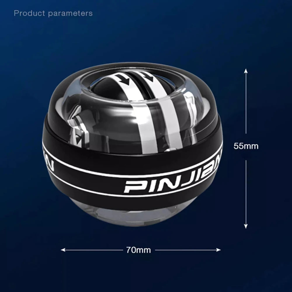 The transparent Wrist Trainer Self-starting Gyro Ball for Strength, showcasing a black band, offers adjustable intensity. Measuring 70mm in diameter and 55mm in height, it is elegantly displayed against a dark blue background.