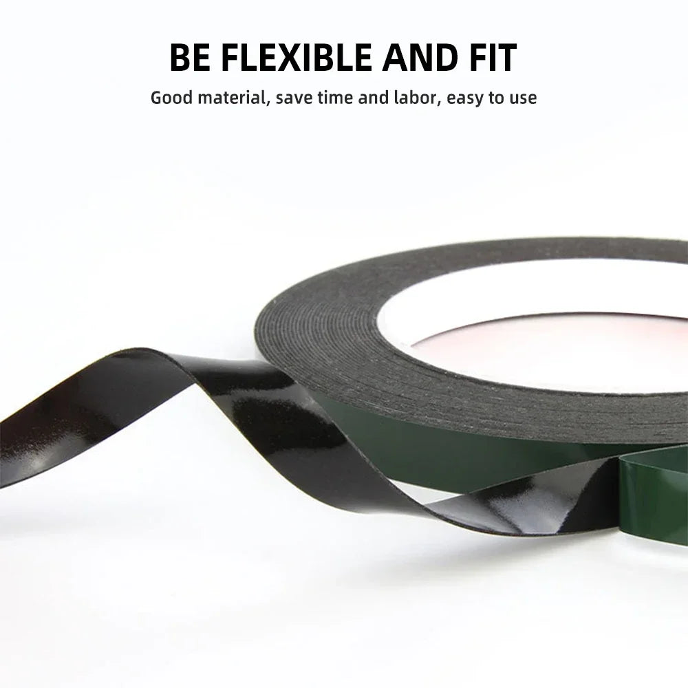 A roll of WELIBA Adhesive Tape for Mobile Repair - High Strength unwinds on a white surface. Above it, the text reads: BE FLEXIBLE AND FIT. Good material, save time and labor, easy to use—perfect for mobile repair needs.