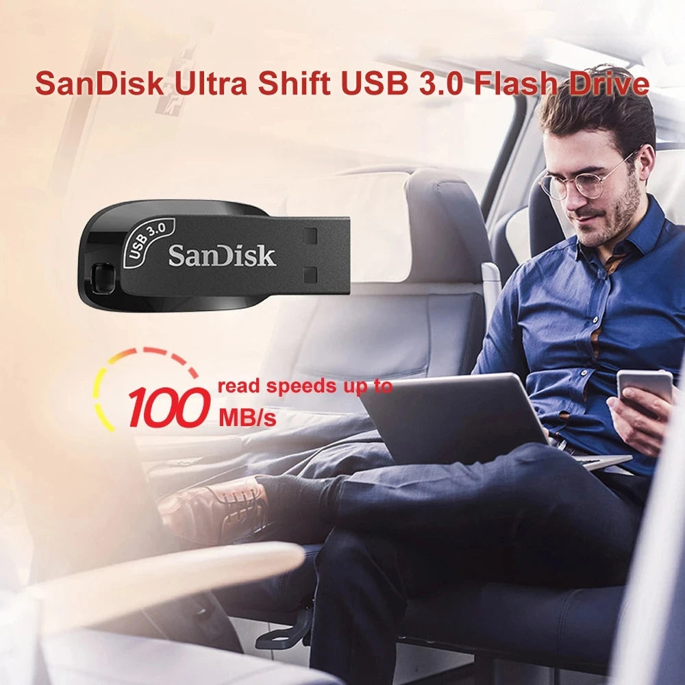 A man on a plane uses his laptop, depending on a SanDisk USB 3.0 Flash Drive - High-Speed Compact Storage for fast data transfer. An image of the drive appears with text in red emphasizing read speeds up to 100 MB/s.