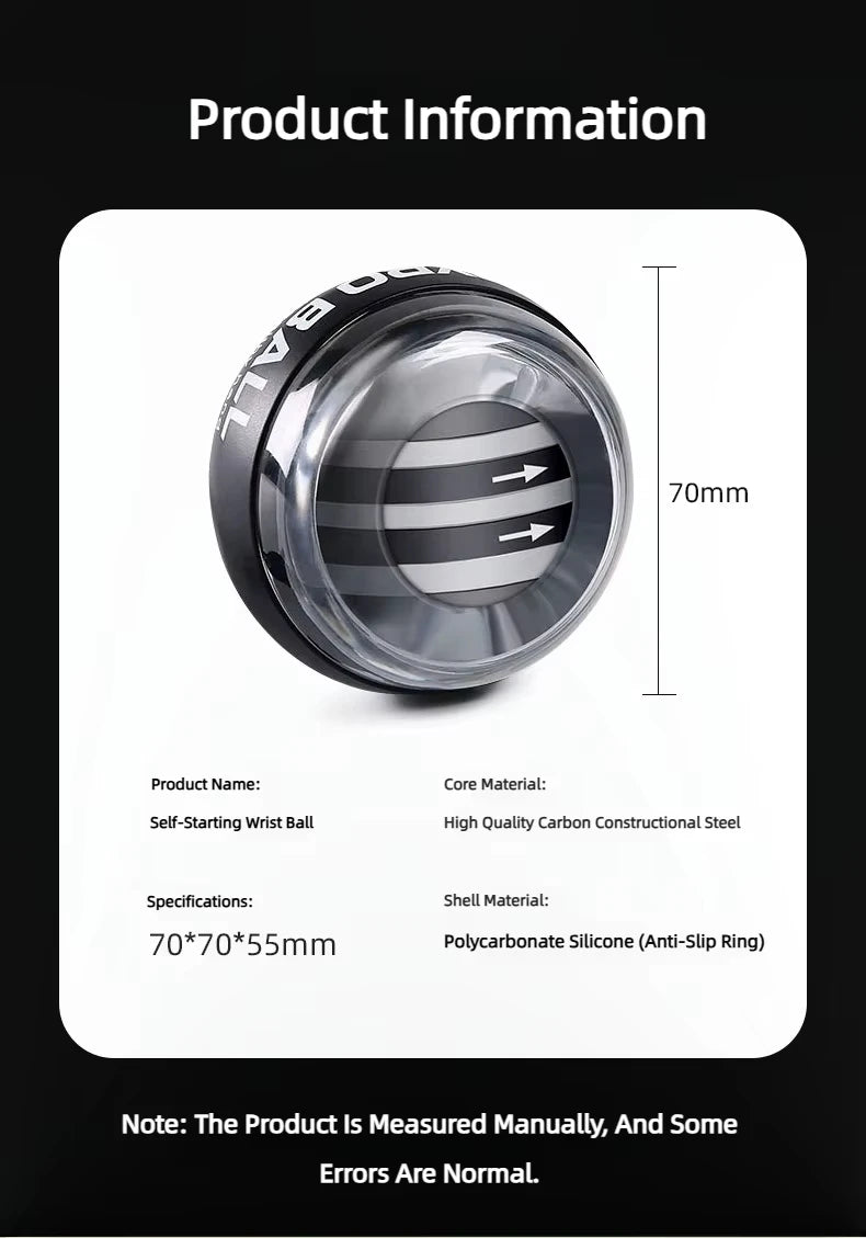 The image shows a product sheet for the Gyroball Powerball, designed to boost wrist power and hand dexterity. The 70mm ball has a high-quality carbon constructional steel core within a polycarbonate silicone shell with an anti-slip ring.