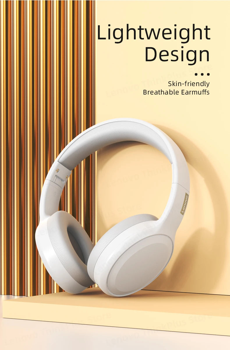Lenovo TH30 Wireless Headphones in white are showcased with vertical gold lines and a light yellow wall. The top right corner displays High-Fidelity Sound and Lightweight Design featuring skin-friendly, breathable earmuffs for premium audio comfort. Enjoy Bluetooth 5.3 with noise cancelling technology.
