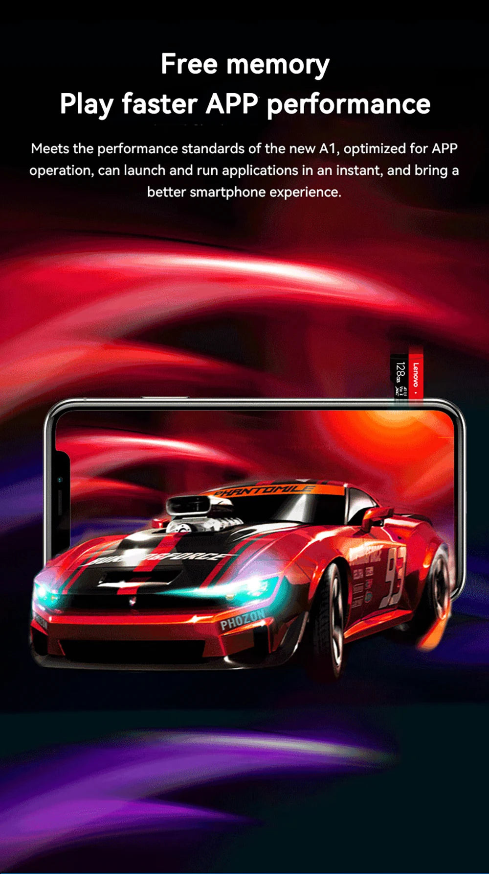 A smartphone showcases a racing car, emphasizing speed and motion, featuring the Lenovo 128GB Micro TF Card with 100MB/s speed for rapid data storage. Text reads: Free memory, Play faster APP performance, advertising the A1s enhanced app operation.