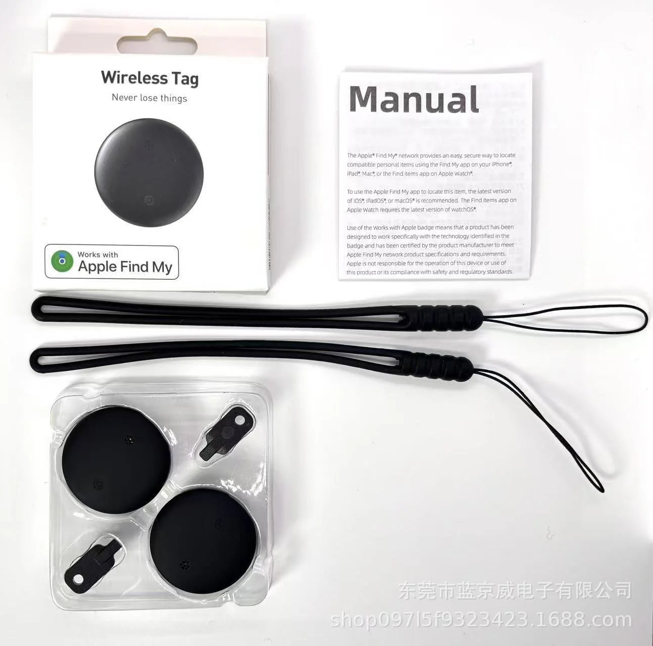 The NoEnName GPS Tracker, compatible with the Apple Find My app, includes two round Bluetooth tags, a manual, black strap loops, and key attachments. Featuring global precision search to ensure you never lose your belongings again.