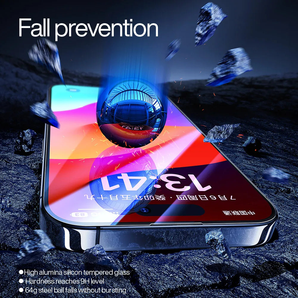 A vibrant smartphone screen is topped by a large metallic ball, with Fall prevention underscoring durability. Surrounded by exploding rocks, the scene showcases the strength of the SmartDevil Tempered Glass Screen Protector for iPhone 16 Pro Max.