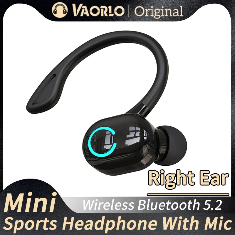 The VAORLO Bluetooth 5.2 Mini Headphone is a black wireless sports earbud for the right ear, featuring a secure-fit hook and noise-cancelling technology. The image includes text: Vaorlo Original Mini Sports Headphone With Mic.