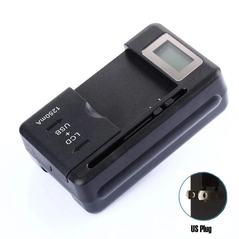The YIBOYUAN Universal USB Battery Charger, in black with an LCD indicator and adjustable pins, is designed for 3.7V batteries. It features smart charging technology for efficient power management and includes a close-up image of the US plug.