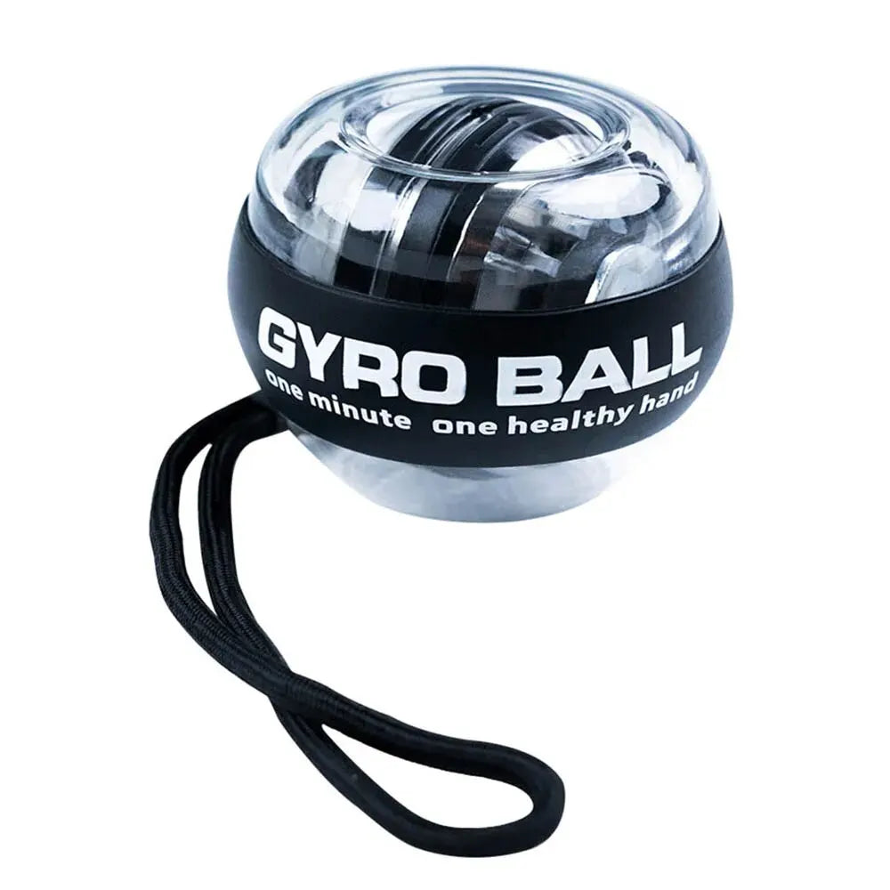 The Self-Starting Gyro Ball for Enhanced Grip Strength features a transparent design with a black band and text GYRO BALL and one minute one healthy hand. It includes a black cord for spinning, making it an excellent addition to your home gym equipment for forearm exercises.
