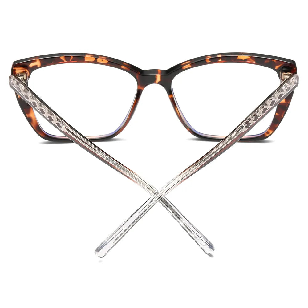 AABV Womens Cat Eye Bifocal Reading Glasses - Stylish Clarity, featuring a tortoiseshell-patterned frame and clear crisscrossed temples, are showcased against a white background.