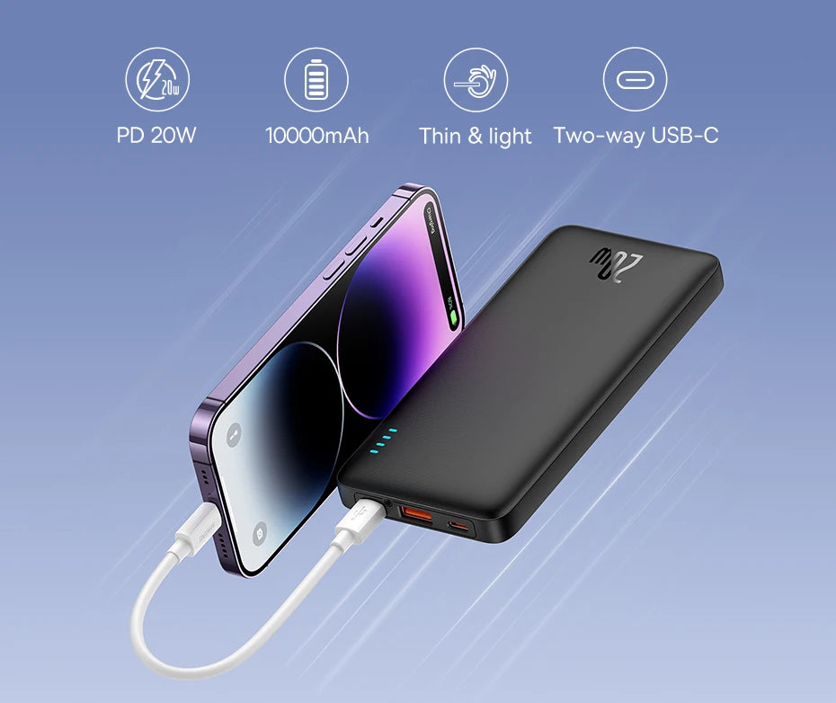 A sleek purple smartphone connects to a Baseus Airpow 20W Power Bank 10000mAh Fast Charge Charger with a white cable, set against a blue gradient. The portable charger features PD 20W, slim design, and two-way USB-C connectivity.